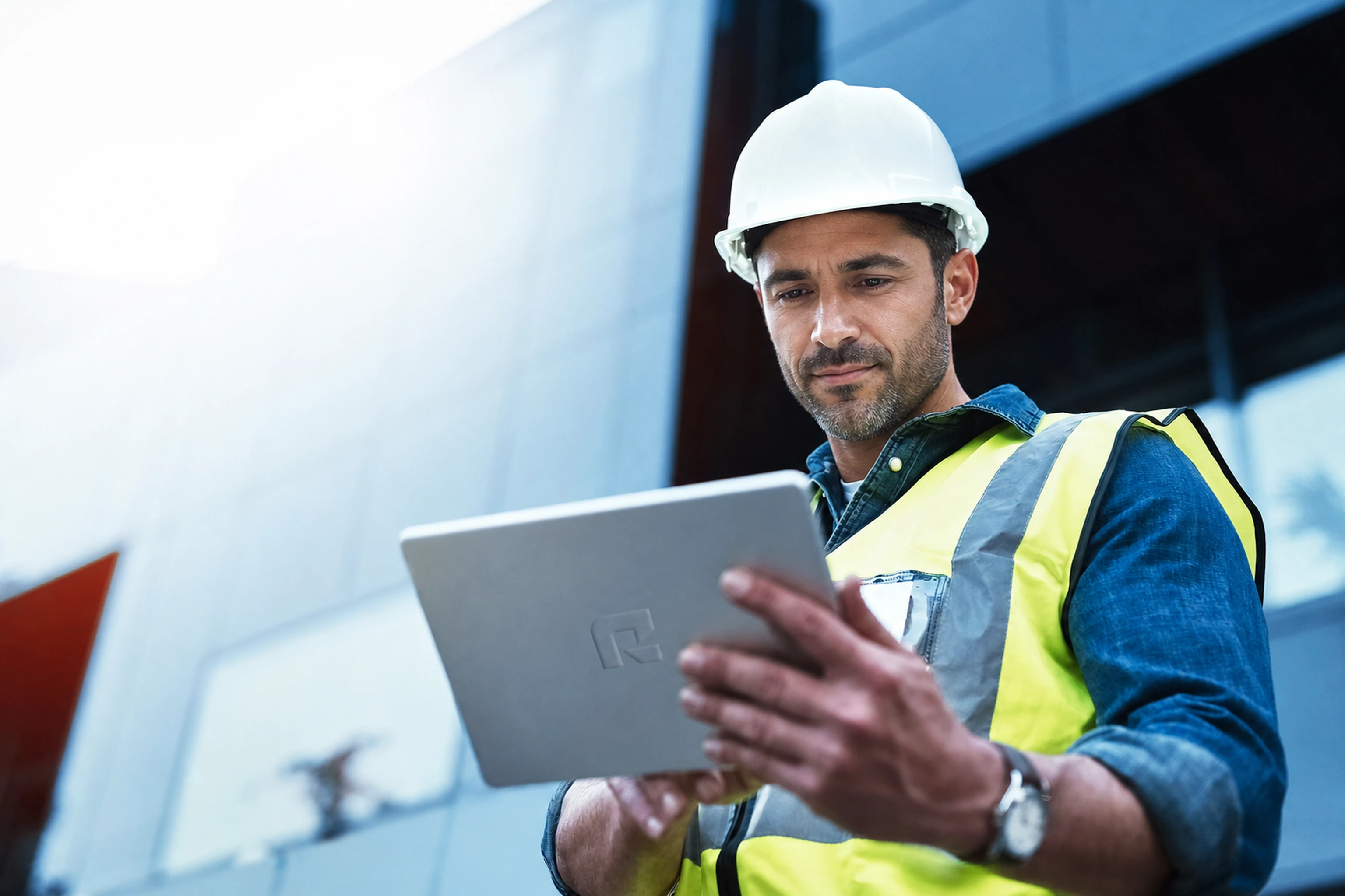 Industrial professional reviewing operations with a tablet in a production environment.